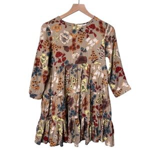 Natural Life Heidi Floral Tiered Ruffle Mini Dress‎ Brown Tan Yellow Red Size XS